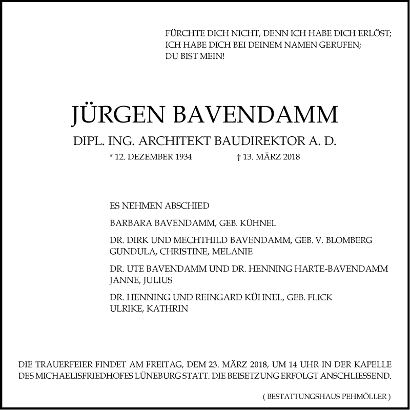  Traueranzeige für Jürgen Bavendamm vom 17.03.2018 aus LZ