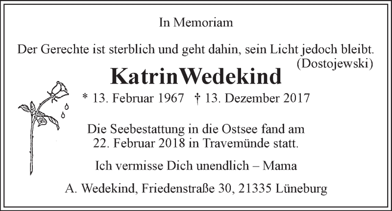  Traueranzeige für Katrin Wedekind vom 03.03.2018 aus LZ