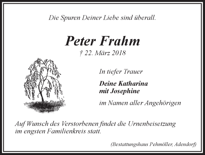  Traueranzeige für Peter Frahm vom 28.03.2018 aus LZ