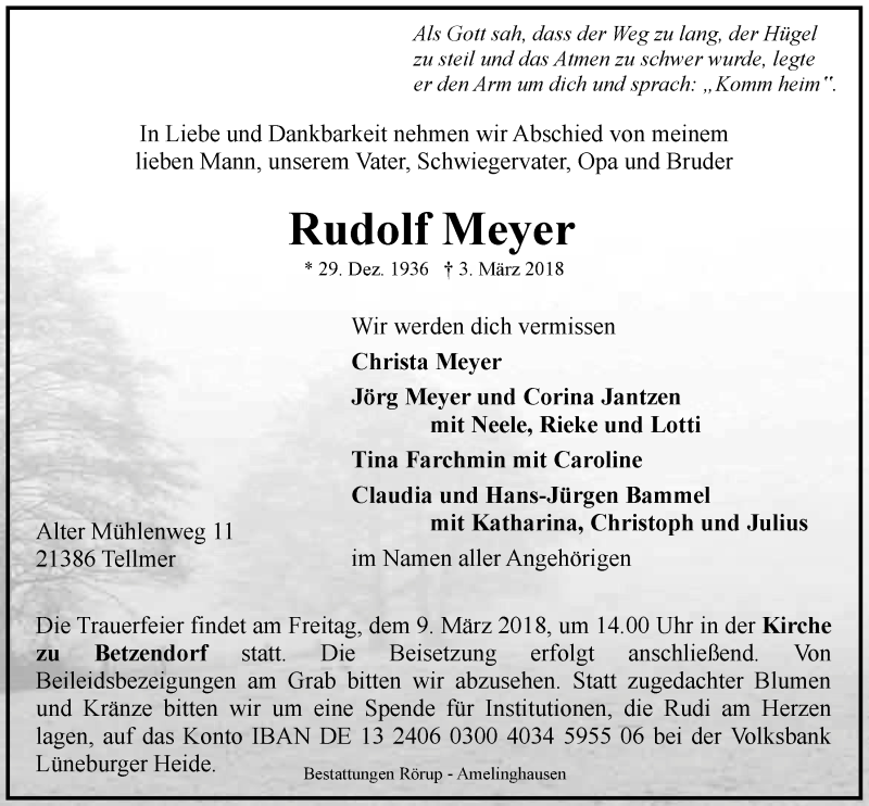  Traueranzeige für Rudolf Meyer vom 06.03.2018 aus LZ