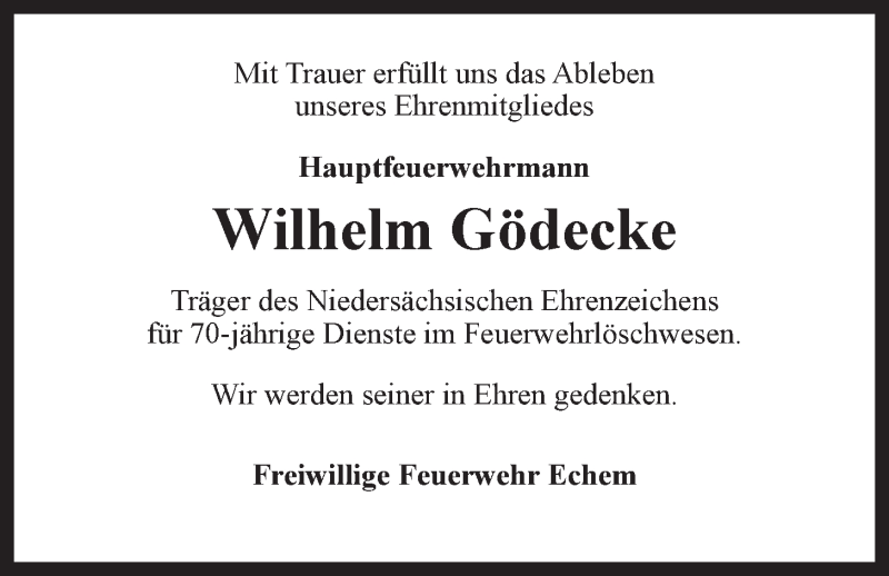 Traueranzeigen von Wilhelm Gödecke TrauerLüneburg.de