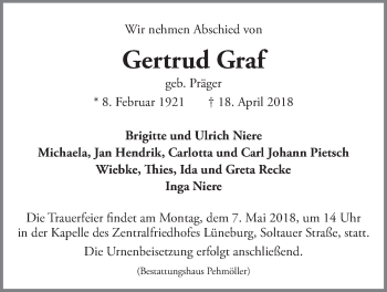 Anzeige von Gertrud Graf von LZ