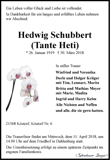 Anzeige von Hedwig Schubbert von LZ
