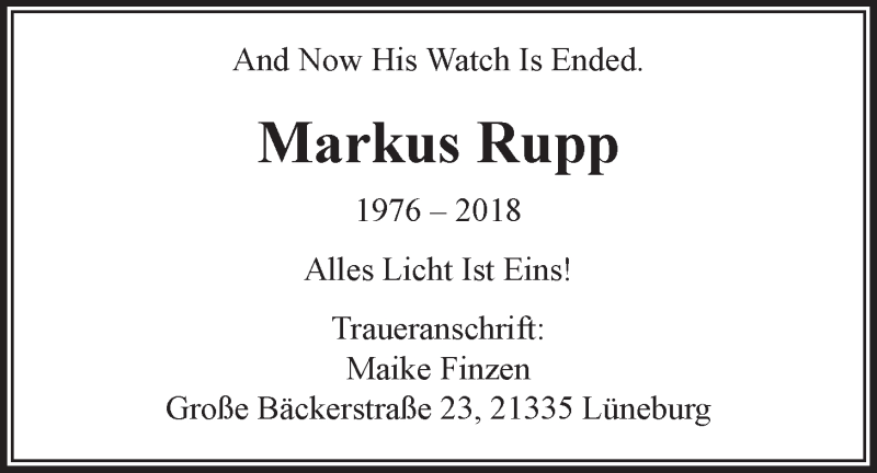  Traueranzeige für Markus Rupp vom 28.04.2018 aus LZ