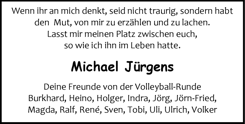  Traueranzeige für Michael Jürgens vom 14.04.2018 aus LZ