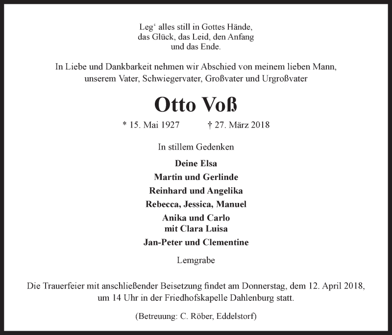  Traueranzeige für Otto Voß vom 31.03.2018 aus LZ