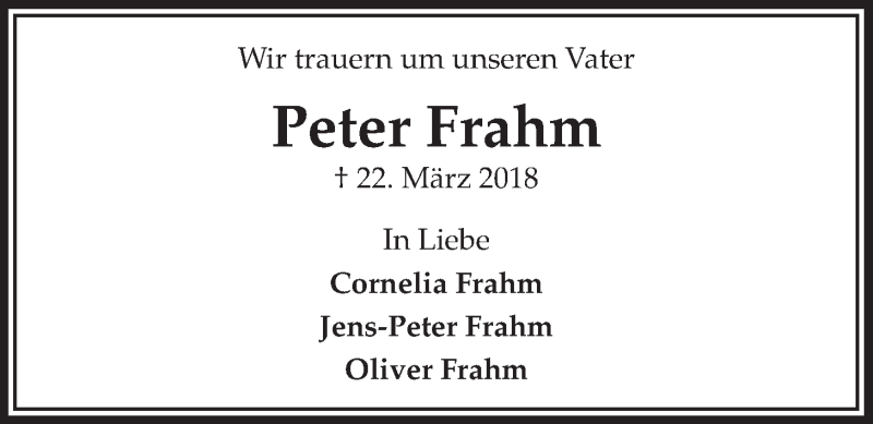  Traueranzeige für Peter Frahm vom 31.03.2018 aus LZ
