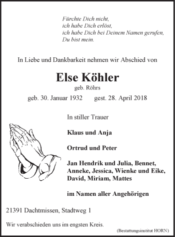 Anzeige von Else Köhler von LZ