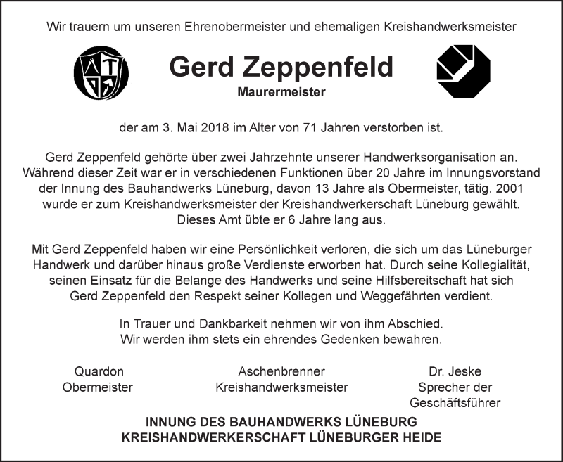  Traueranzeige für Gerd Zeppenfeld vom 05.05.2018 aus LZ