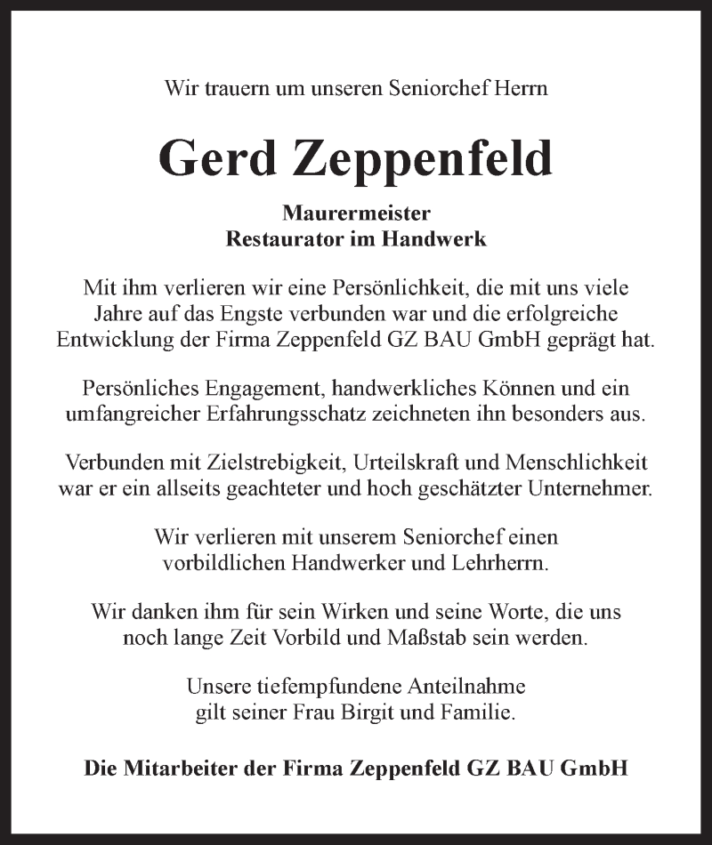 Traueranzeige für Gerd Zeppenfeld vom 05.05.2018 aus LZ