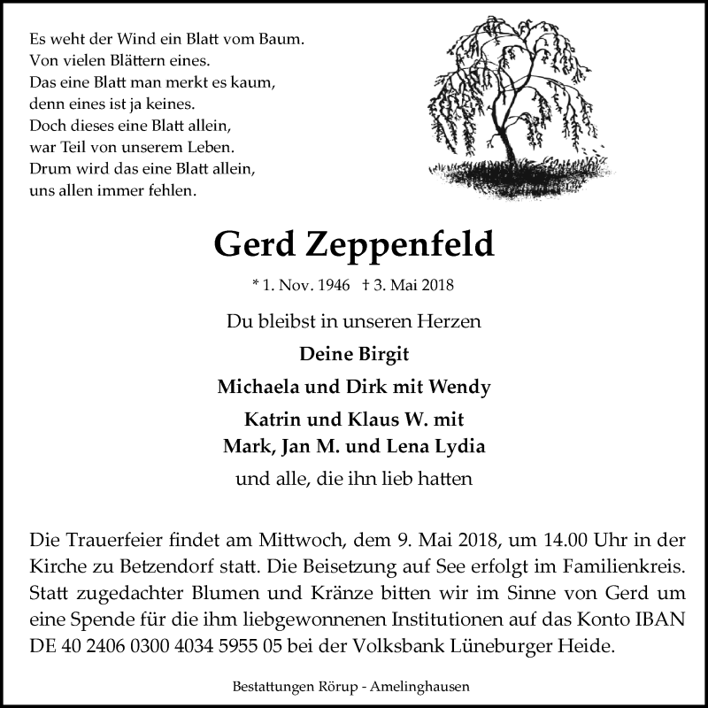  Traueranzeige für Gerd Zeppenfeld vom 05.05.2018 aus LZ