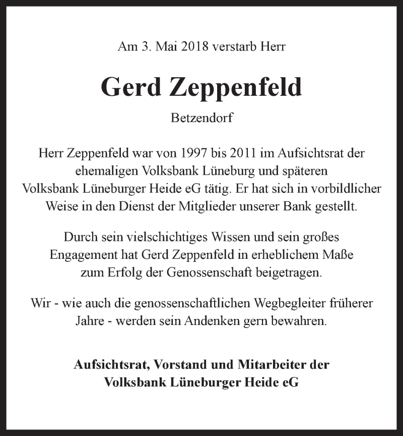  Traueranzeige für Gerd Zeppenfeld vom 05.05.2018 aus LZ