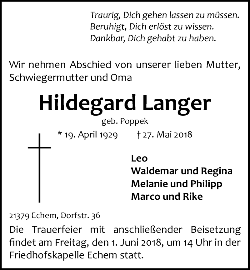  Traueranzeige für Hildegard Langer vom 30.05.2018 aus LZ