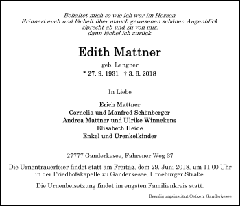 Anzeige von Edith Mattner von LZ