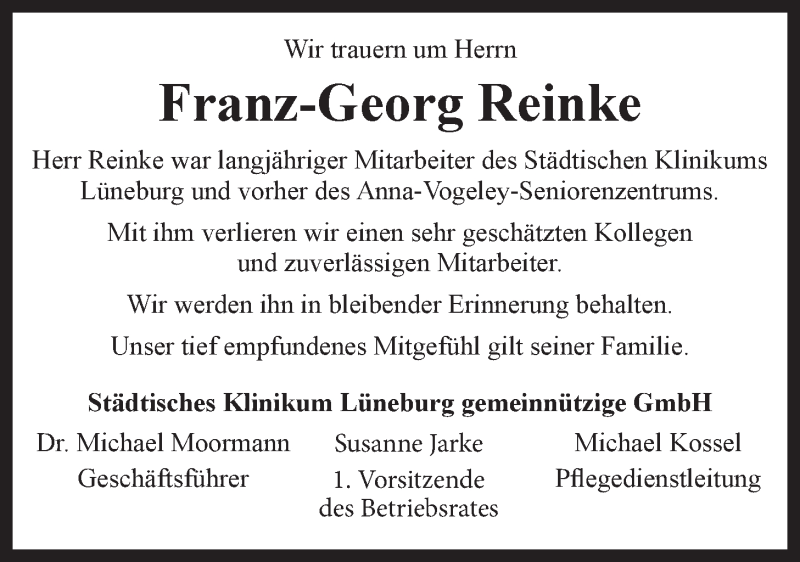  Traueranzeige für Franz Reinke vom 01.06.2018 aus LZ