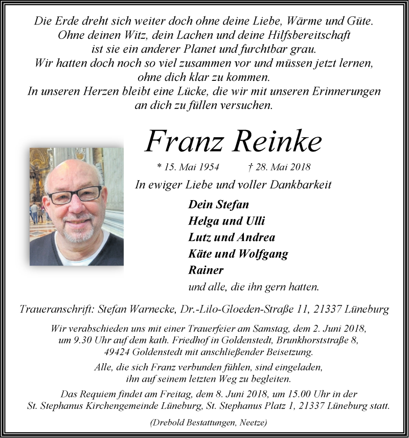  Traueranzeige für Franz Reinke vom 01.06.2018 aus LZ