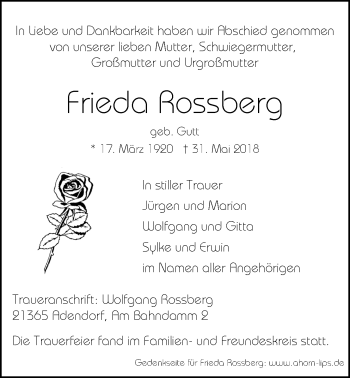 Anzeige von Frieda Rossberg von LZ