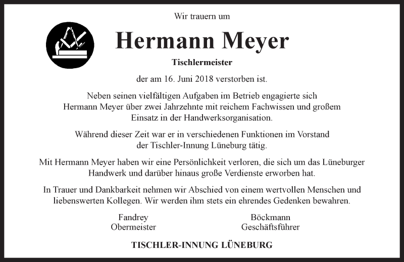  Traueranzeige für Hermann Meyer vom 21.06.2018 aus LZ