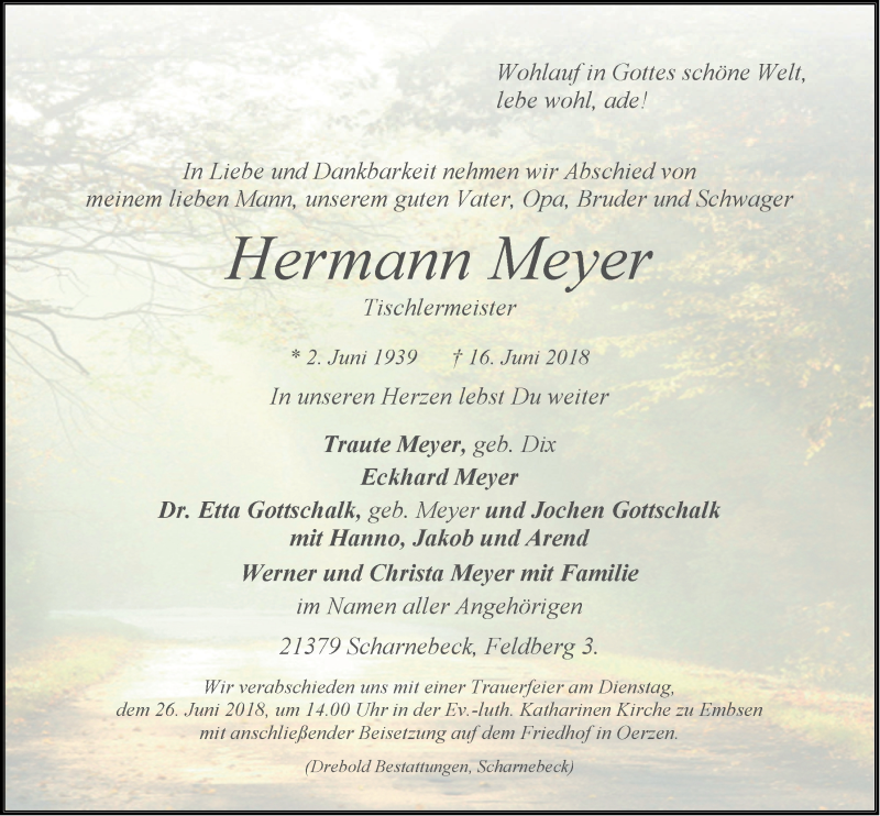  Traueranzeige für Hermann Meyer vom 20.06.2018 aus LZ