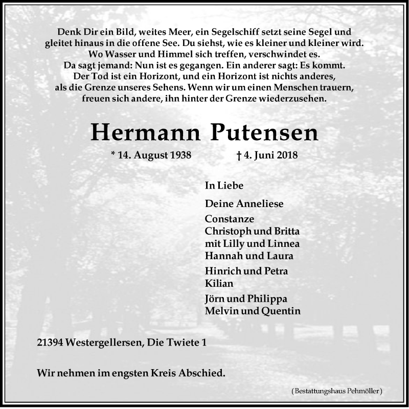  Traueranzeige für Hermann Putensen vom 09.06.2018 aus LZ