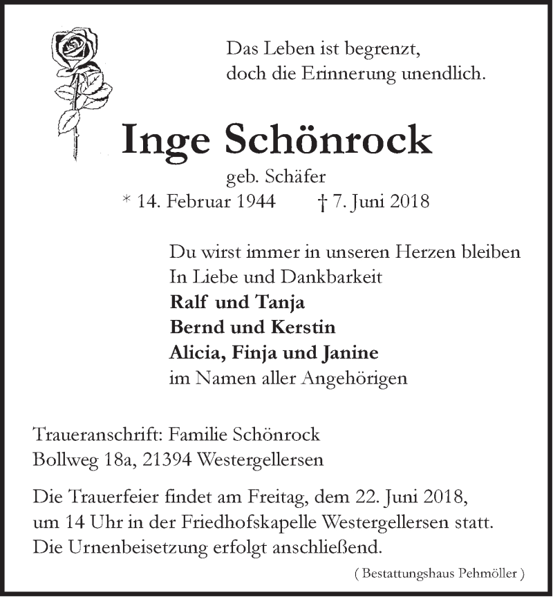  Traueranzeige für Inge Schönrock vom 16.06.2018 aus LZ