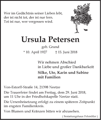Anzeige von Ursula Petersen von LZ