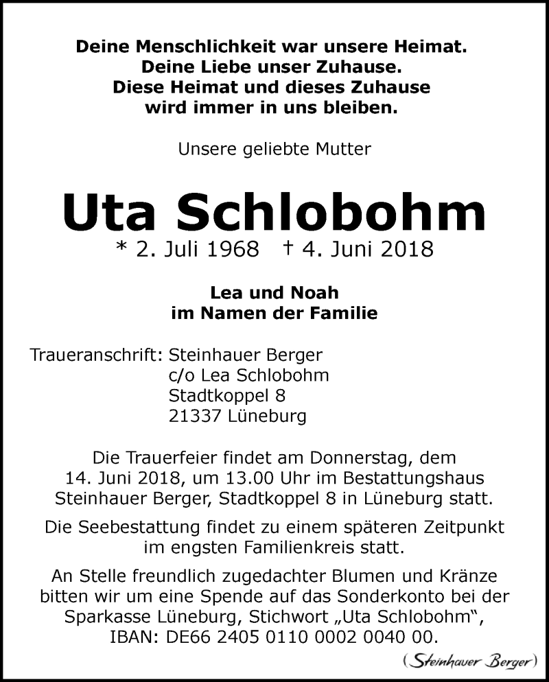  Traueranzeige für Uta Schlobohm vom 09.06.2018 aus LZ