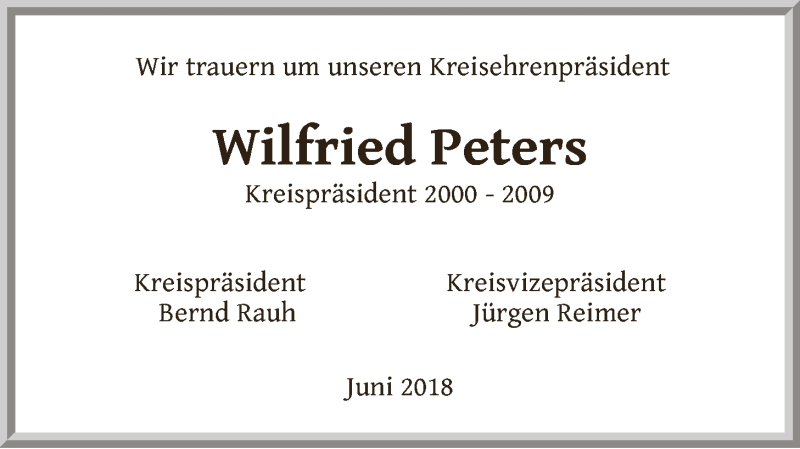  Traueranzeige für Wilfried Peters vom 20.06.2018 aus LZ