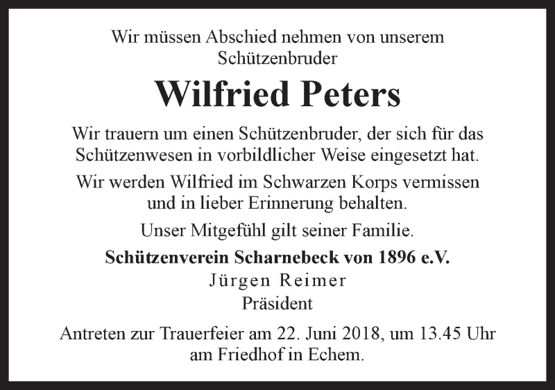  Traueranzeige für Wilfried Peters vom 20.06.2018 aus LZ