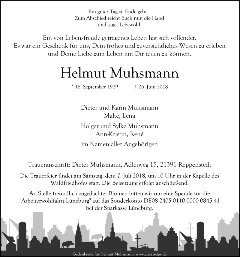  Traueranzeige für Helmut Muhsmann vom 30.06.2018 aus LZ