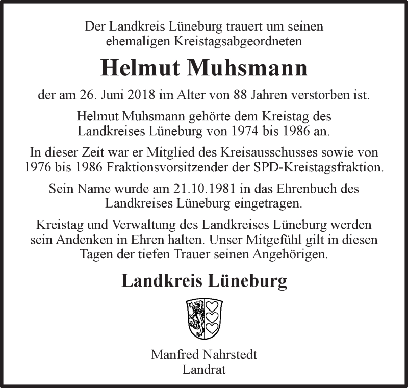  Traueranzeige für Helmut Muhsmann vom 30.06.2018 aus LZ