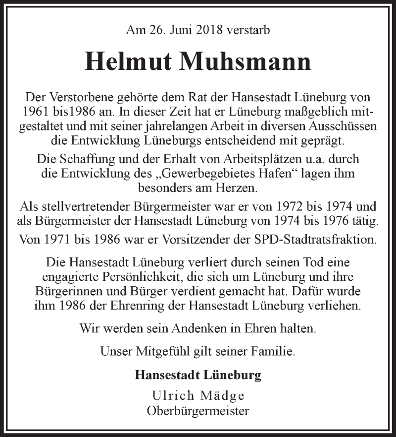  Traueranzeige für Helmut Muhsmann vom 30.06.2018 aus LZ