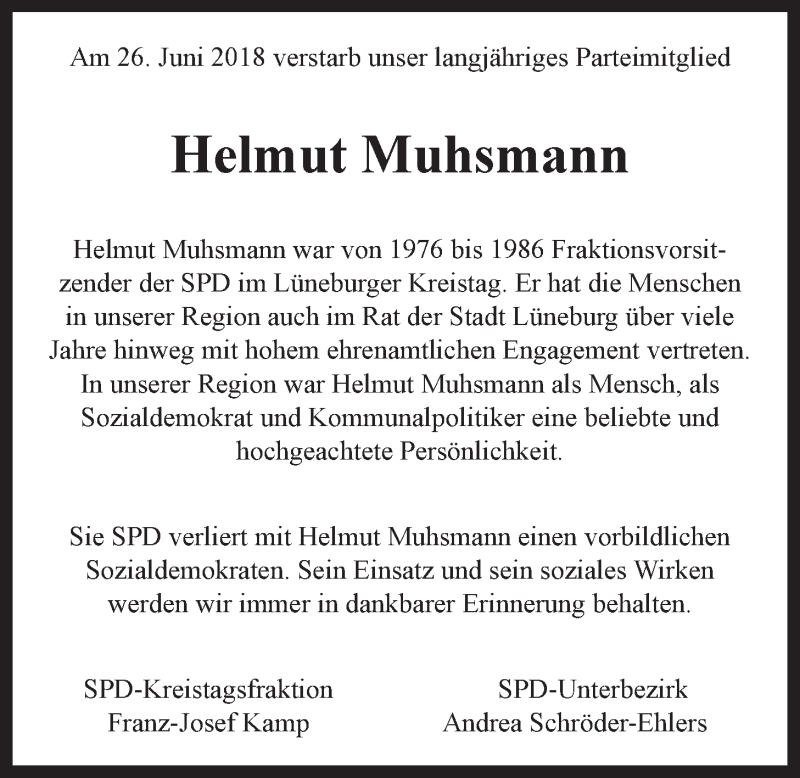  Traueranzeige für Helmut Muhsmann vom 30.06.2018 aus LZ