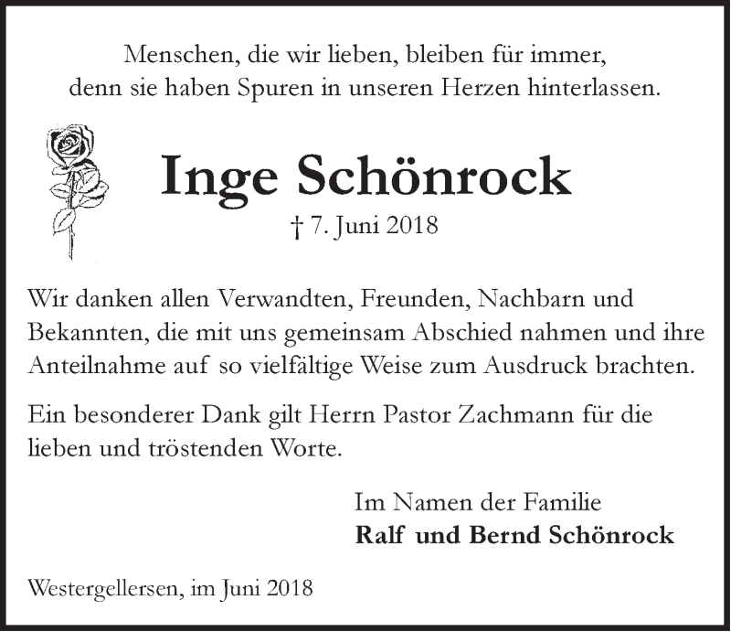 Traueranzeige für Inge Schönrock vom 30.06.2018 aus LZ