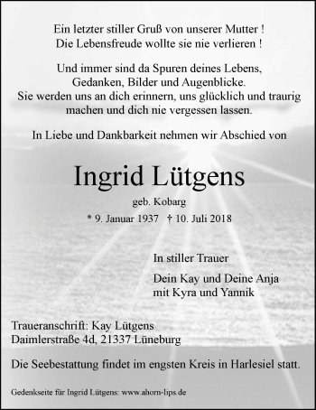 Anzeige von Ingrid Lütgens von LZ