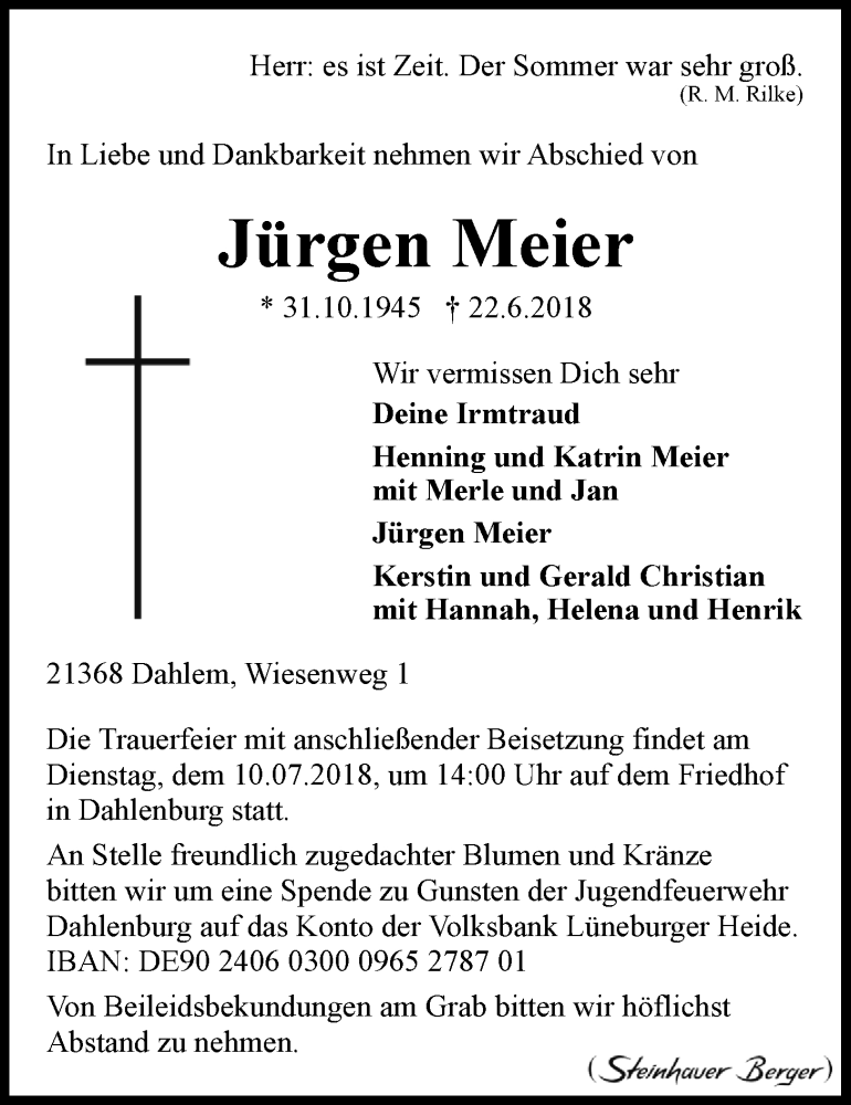  Traueranzeige für Jürgen Meier vom 07.07.2018 aus LZ