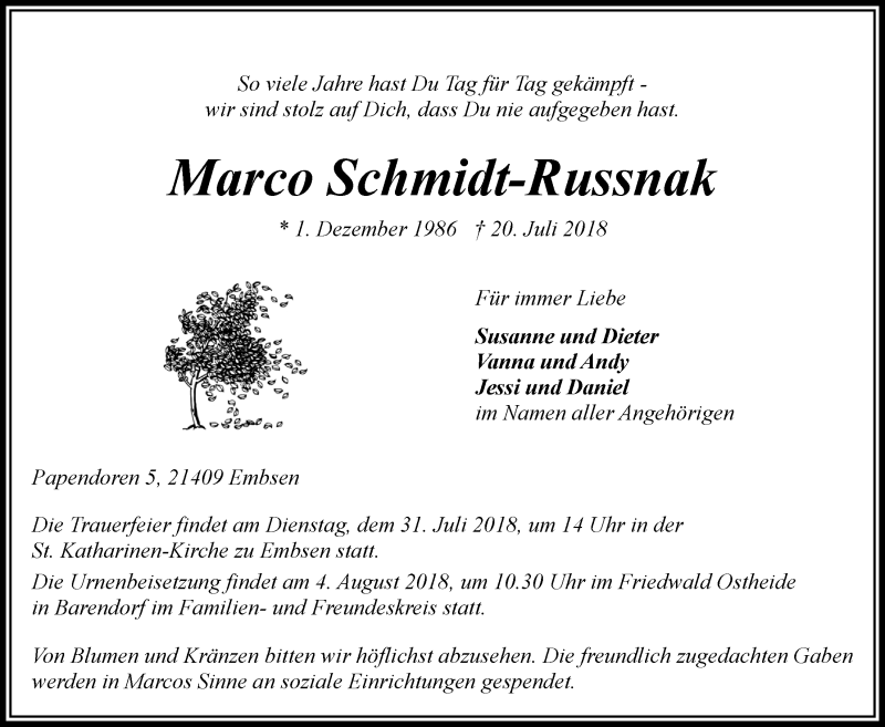  Traueranzeige für Marco Schmidt-Russnak vom 27.07.2018 aus LZ