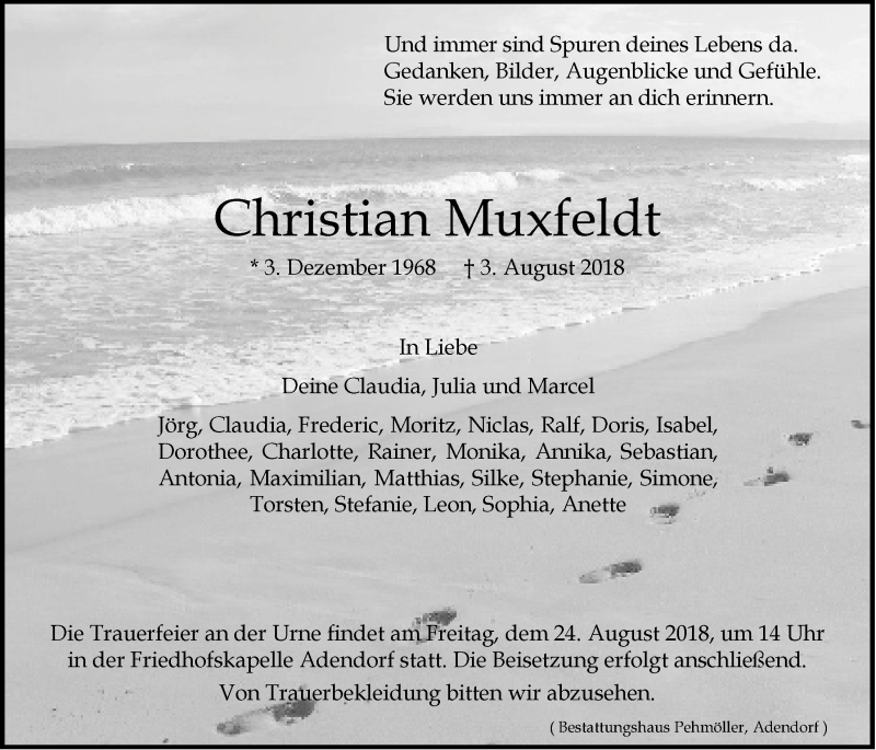  Traueranzeige für Christian Muxfeldt vom 18.08.2018 aus LZ