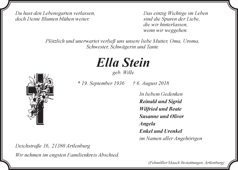  Traueranzeige für Ella Stein vom 10.08.2018 aus LZ