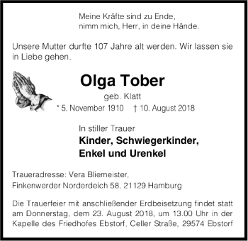 Anzeige von Olga Tober von LZ