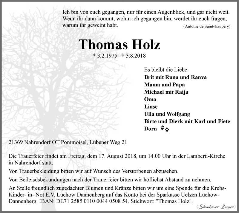  Traueranzeige für Thomas Holz vom 11.08.2018 aus LZ