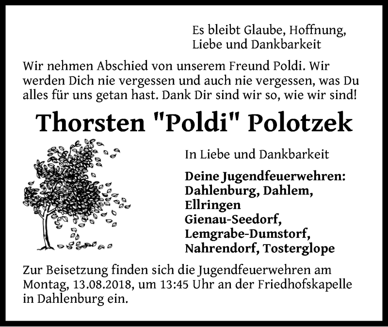 Traueranzeige für Thorsten Polotzek vom 10.08.2018 aus LZ