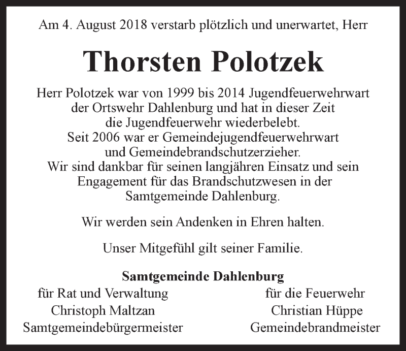  Traueranzeige für Thorsten Polotzek vom 10.08.2018 aus LZ