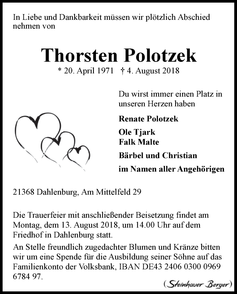  Traueranzeige für Thorsten Polotzek vom 10.08.2018 aus LZ