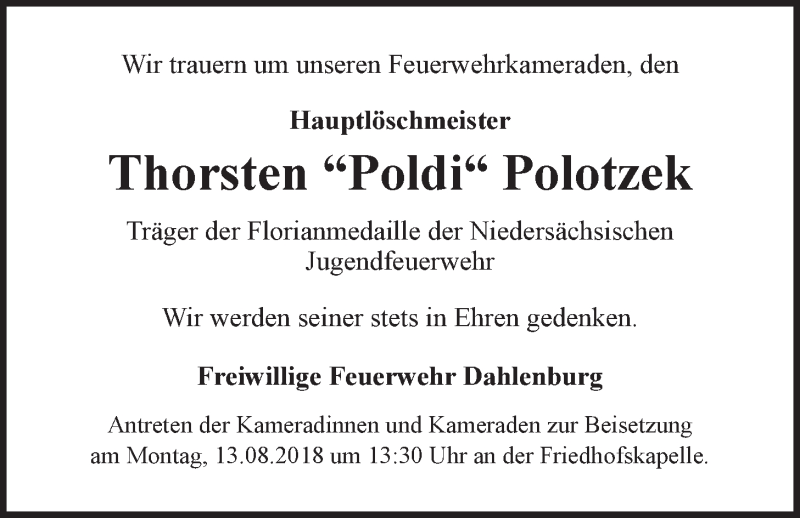  Traueranzeige für Thorsten Polotzek vom 10.08.2018 aus LZ