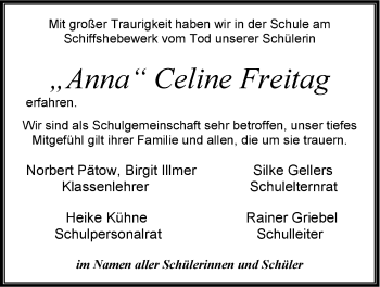 Anzeige von Anna Celine Freitag von LZ