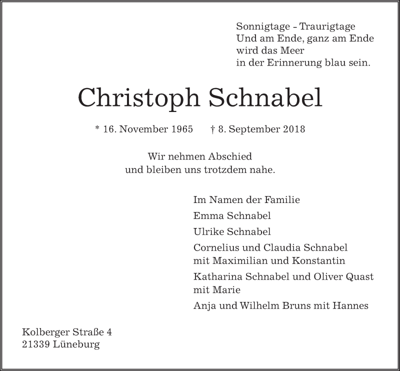  Traueranzeige für Christoph Schnabel vom 22.09.2018 aus LZ
