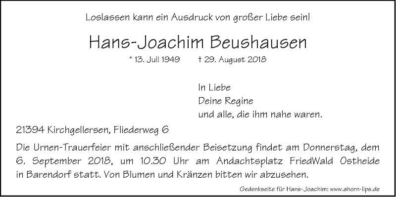  Traueranzeige für Hans-Joachim Beushausen vom 01.09.2018 aus LZ