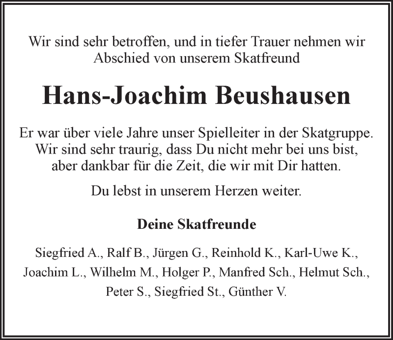  Traueranzeige für Hans-Joachim Beushausen vom 01.09.2018 aus LZ