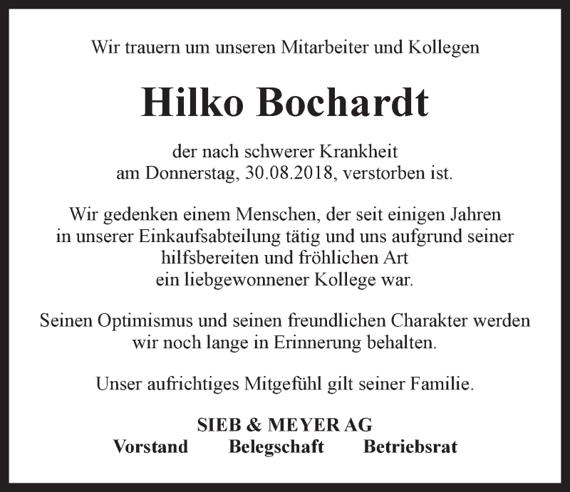  Traueranzeige für Hilko Bochardt vom 04.09.2018 aus LZ